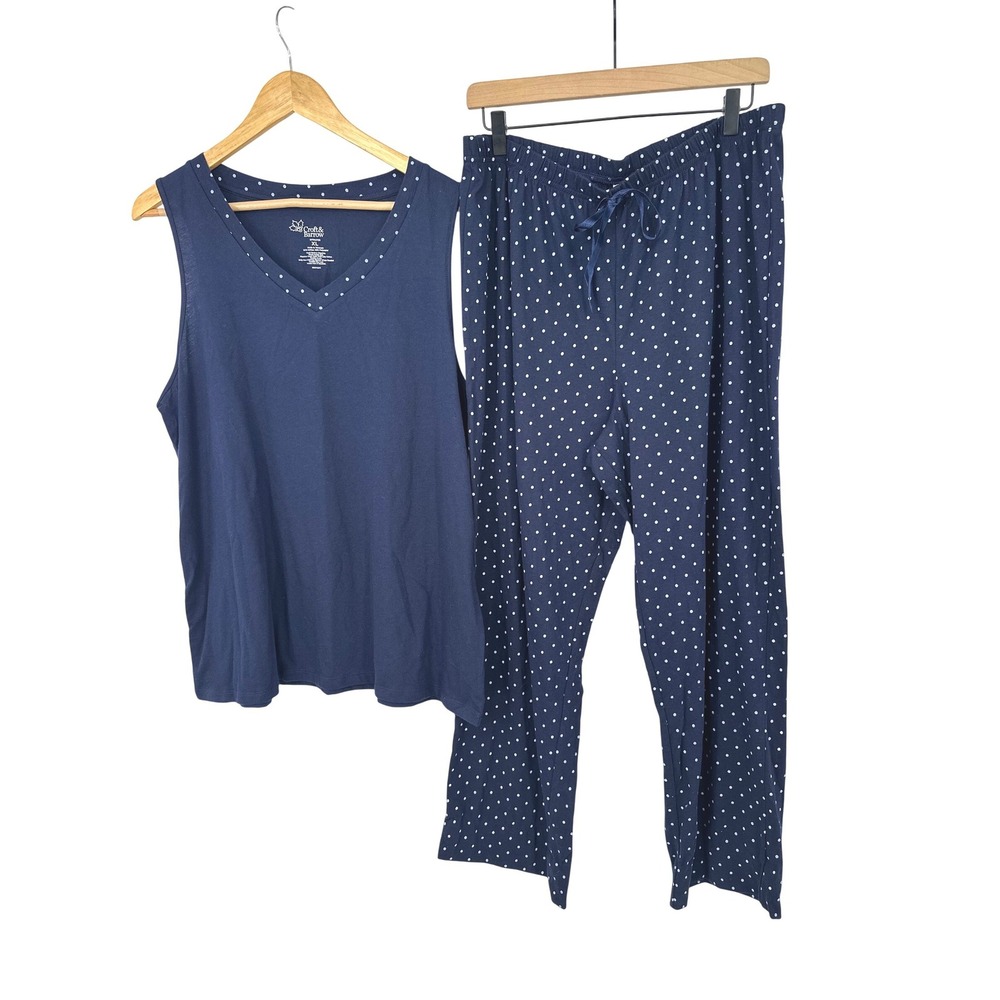 Croft & Barrow Pajama Set Womens XL Navy Blue Polka Dot Tank Pants Sleepwear